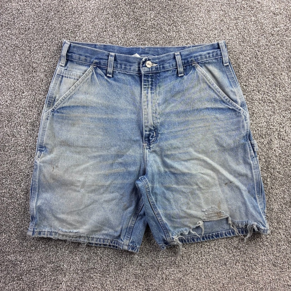 Vintage Carhartt Carpenter Shorts Mens 34 Blue Denim Cotton Distressed B28 DST